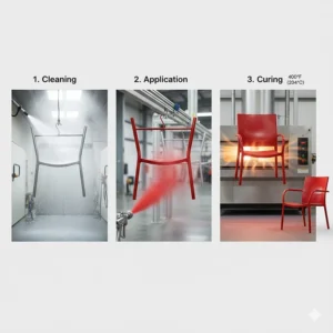 A simple diagram illustrating the powder coating process steps, including cleaning, application, and curing of the furniture.