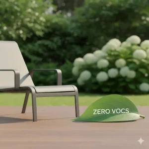 A stylized image of a green leaf next to powder coated outdoor furniture, emphasizing the eco-friendly, VOC-free nature of the finish.