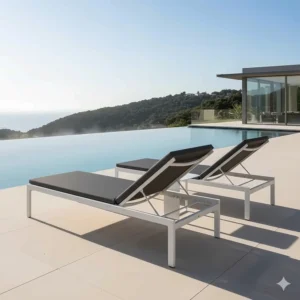 Pair of sleek Four Hands outdoor furniture chaise loungers positioned next to a luxury swimming pool.