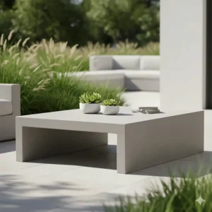 Modern concrete coffee table from the Four Hands outdoor furniture collection in a garden setting.