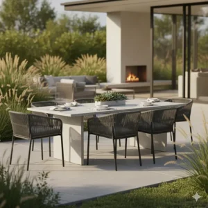 Four Hands outdoor furniture dining area with a minimalist stone table and weather-resistant seating.