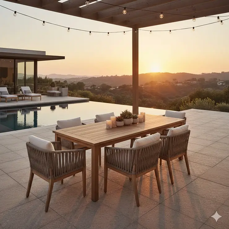 A luxury Four Hands outdoor furniture set featuring a teak dining table and woven chairs on a modern patio.