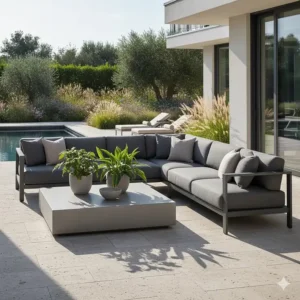 A comfortable Four Hands outdoor furniture sectional sofa with charcoal grey performance fabric cushions.