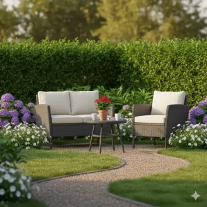 Small garden rattan furniture sofa and coffee table tucked into a lush green backyard corner.