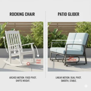 Graphic comparing the movement of a traditional rocking chair vs an outdoor patio furniture glider.