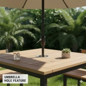 Detailed illustration of a built-in umbrella hole in the center of an outdoor high top table.