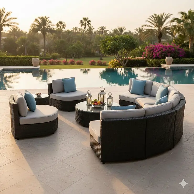 A luxury curved outdoor furniture set with plush grey cushions arranged on a modern stone patio.