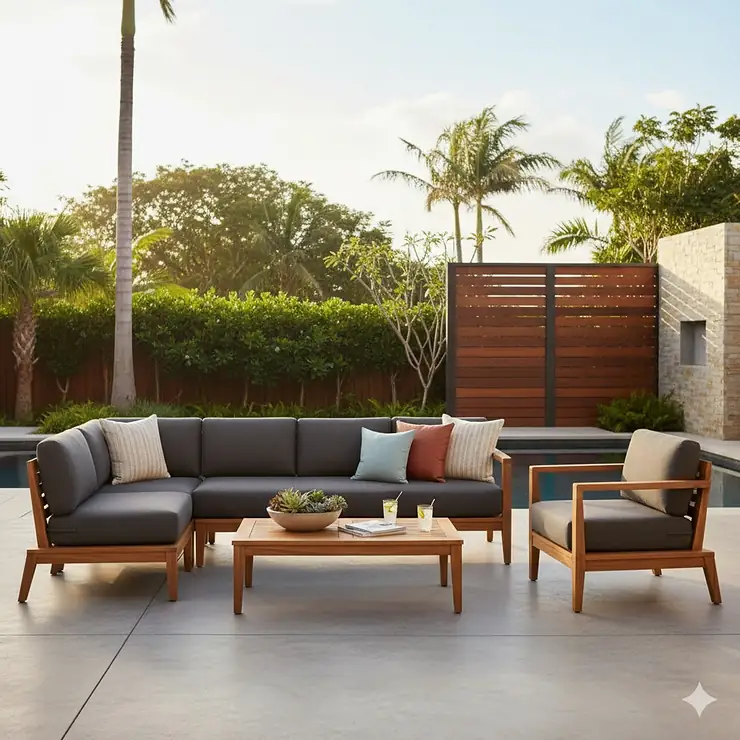 A luxury patio arrangement featuring deep seating outdoor furniture with thick charcoal cushions and a modern teak frame.