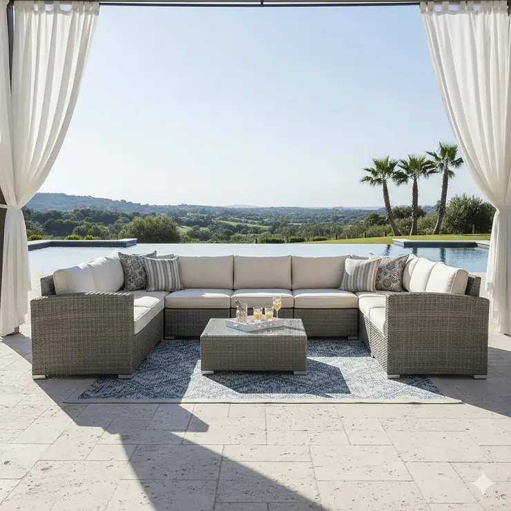 A luxury grey resin wicker outdoor furniture sectional set with cream cushions on a modern patio.