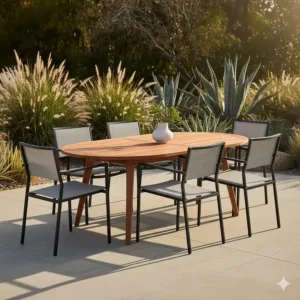 Mid century modern outdoor dining set with an oval teak table and sleek woven chairs, ideal for alfresco entertaining.