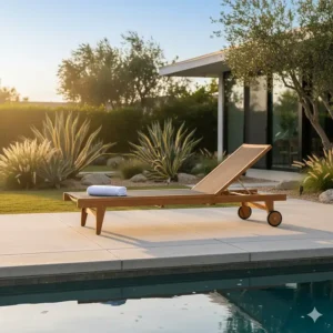 A long, adjustable mid century modern outdoor chaise lounge in wood and mesh, perfect for sunbathing by the pool.