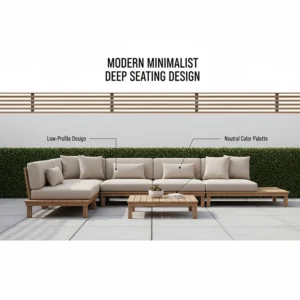Illustration of a minimalist outdoor space featuring low-profile deep seating furniture in a neutral color palette.