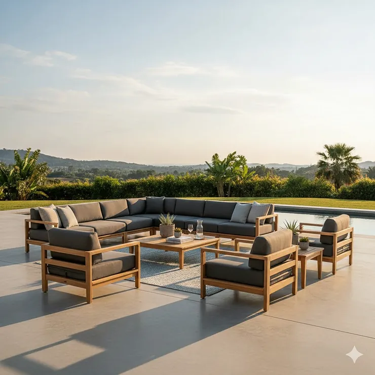 A luxury modular outdoor furniture set with grey cushions and a teak coffee table arranged on a modern patio.