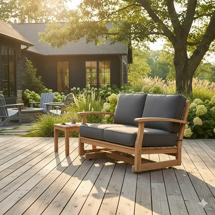 A modern wooden outdoor patio furniture glider with gray cushions set on a sunlit backyard deck.