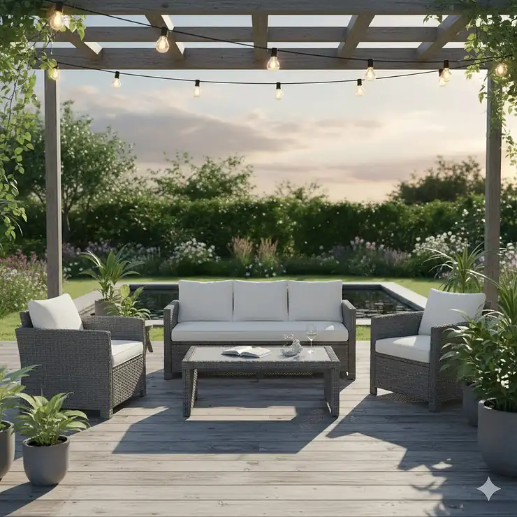 A contemporary grey outdoor rattan furniture set with plush white cushions arranged on a wooden patio deck.