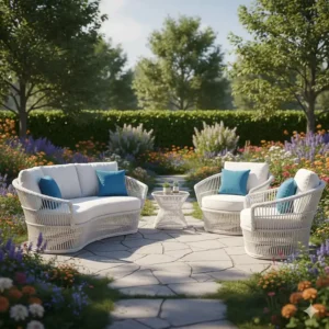 Contemporary white rattan curved outdoor furniture with blue accent pillows in a garden setting.