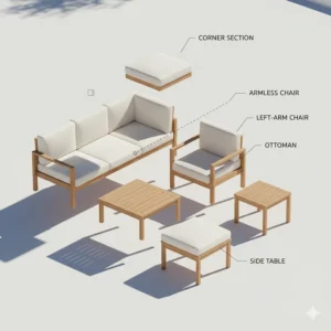 Diagram showing individual corner units, armless chairs, and ottomans that make up a modular outdoor set.