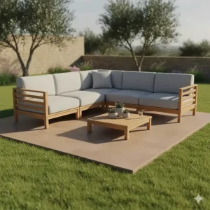Illustration showing a modular outdoor furniture arrangement in a classic L-shaped sectional sofa configuration.
