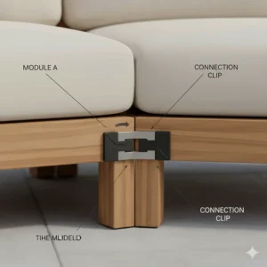 Close-up illustration of the hidden clipping system used to secure modular outdoor furniture pieces together.