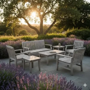 Naturally aged cedar patio furniture that has turned a beautiful silver-grey color over time, requiring low maintenance.