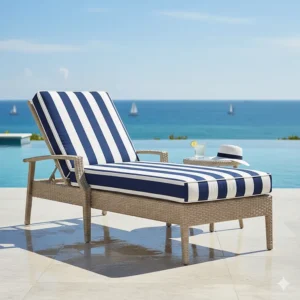 An elegant outdoor lounge chair featuring navy and white nautical stripes, a classic aesthetic for coastal patio furniture.