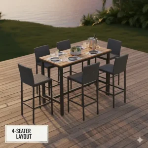 Overhead bird's-eye view illustration of a 4-person outdoor furniture high top table layout.