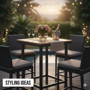 Decorative illustration of an outdoor high top table styled with a centerpiece and glassware for entertaining.