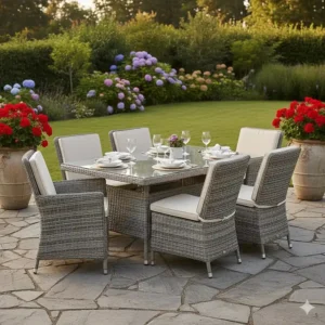 Rectangular outdoor rattan furniture dining set with glass top table and six matching chairs for backyard entertaining.