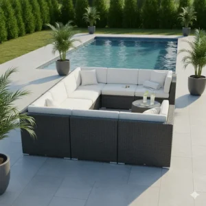Large L-shaped outdoor rattan furniture sectional with waterproof cushions for a spacious poolside patio.