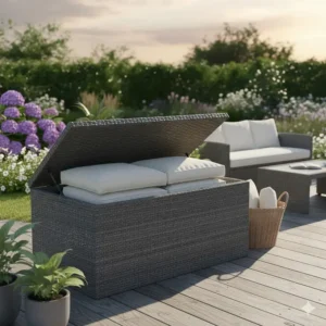 Matching outdoor rattan furniture storage box used for keeping garden cushions dry and organized.