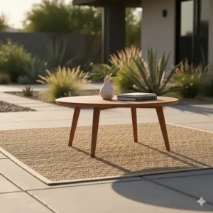 Round, low-profile teak coffee table, an essential accessory for any mid century modern outdoor furniture arrangement.