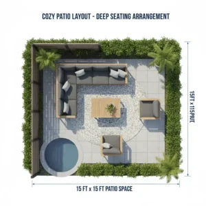 Overhead floor plan illustration showing a cozy conversational layout using deep seating outdoor furniture in a small backyard.