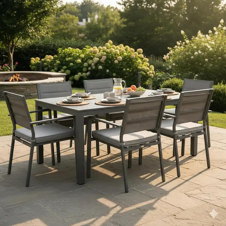 A stylish, modern powder coated outdoor furniture dining set on a sunny patio, illustrating the durability and finish of the metal.
