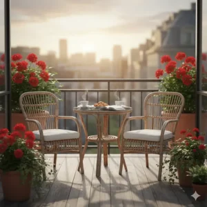 Three-piece outdoor rattan furniture bistro set consisting of two chairs and a small round table on a balcony.