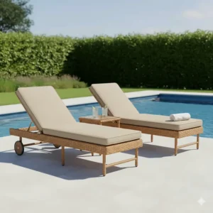 Adjustable outdoor rattan furniture sun loungers with wheels located next to a swimming pool.