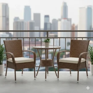 Compact three-piece resin wicker outdoor furniture bistro set perfect for a small apartment balcony.
