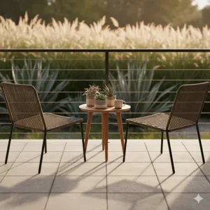 A small balcony featuring compact mid century modern outdoor furniture, including two small chairs and a side table, with potted plants.