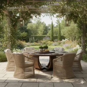 A circular dining table paired with curved outdoor chairs featuring ergonomic backrests.