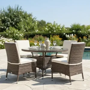 A five-piece round resin wicker outdoor furniture dining set with a glass top table.