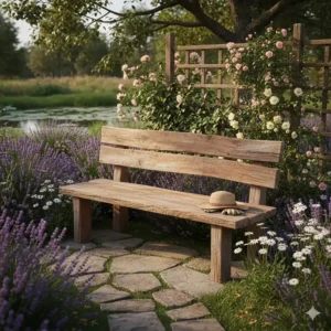 Rustic cedar garden bench with natural wood grain, adding charm to any backyard landscape.