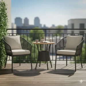 Compact Safavieh patio furniture bistro set, perfect for small balconies, featuring two woven chairs and a small round side table.