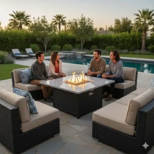 Modern square Safavieh gas fire pit table centerpiece with a granite top, surrounded by comfortable seating on a flagstone patio.