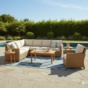 Stylish geometric Safavieh outdoor area rug placed under a sectional, complementing the Safavieh patio furniture and defining the seating space.