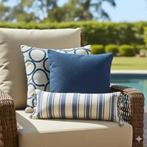 Detailed image of quick-drying, fade-resistant Safavieh outdoor cushions and decorative pillows, showcasing high-performance fabric options.