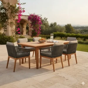 Elegant Safavieh outdoor dining set for six, featuring an acacia wood table and matching rope-back chairs, ideal for alfresco meals on a spacious porch.