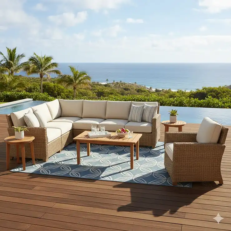 Safavieh patio furniture set, featuring a stylish five-piece sectional sofa with light beige cushions and a woven wicker base, perfectly placed on a modern outdoor deck.