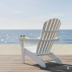 Classic white polywood Safavieh Adirondack chair on a beach deck, designed for comfort and long-lasting durability in all weather.