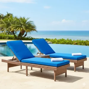 Pair of adjustable Safavieh wicker chaise lounge chairs with thick blue cushions by a swimming pool, showing durable outdoor construction.