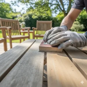 Sandpaper smoothing the surface of weathered outdoor teak furniture before the application of protective oil.