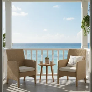 A small, stylish outdoor seating arrangement on a covered coastal balcony, featuring two compact, all-weather wicker chairs and an accent pillow.